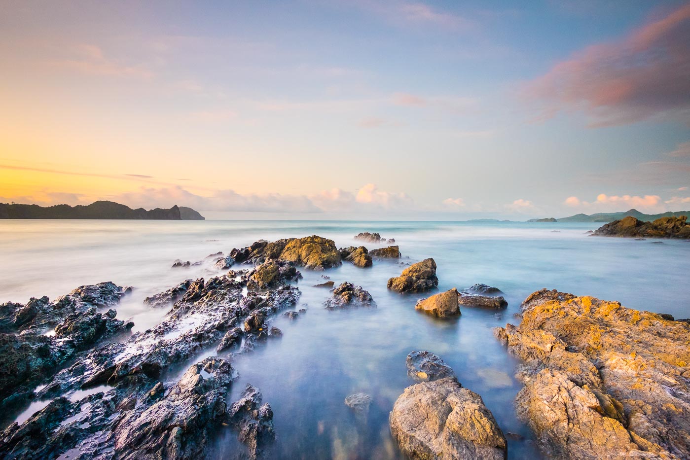 Long exposure of rocky coast along Bacuit Bay, El Nido