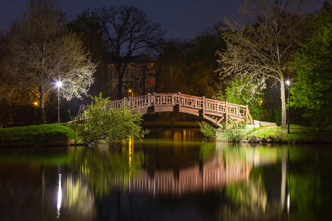 Bridge Over Lake at Night