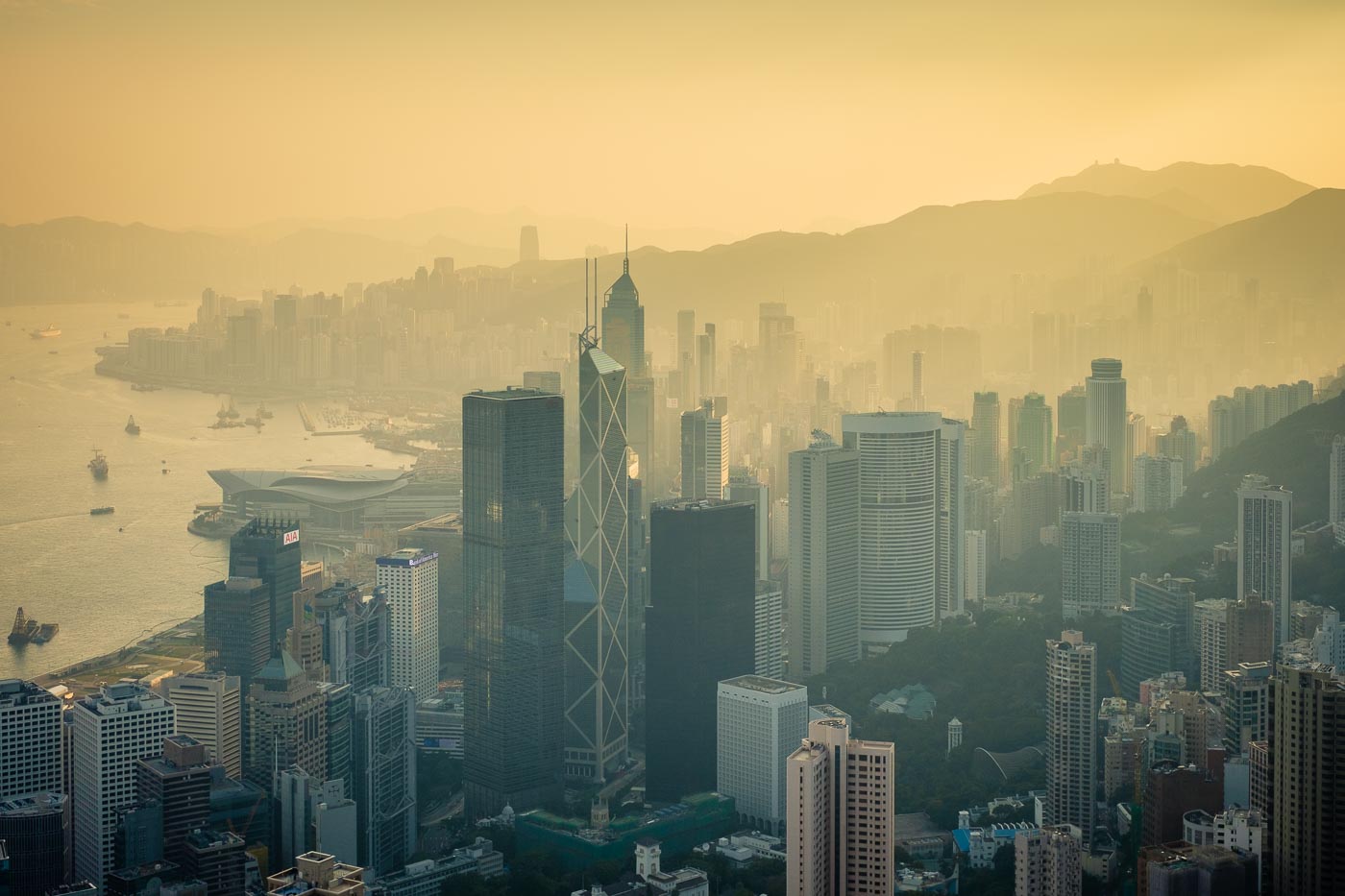 Skyscrapers in central Hong Kong, Admiralty and Mong Kok seen from The Peak at sunrise