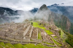 Machu Picchu complex on a foggy morning, Machu Picchu, Peru, South America