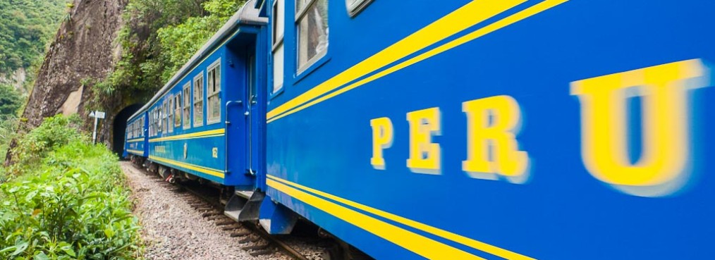 Peru Rail train passing on the tracks to Aguas Calientes, Peru, South America