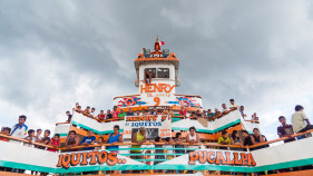 Henry 9 river boat during passage on the Ucayali River from Pucallpa to Iquitos, Loreto, Peru, South America