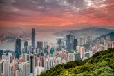 Hong Kong skyline at sunrise from Lugard Road on Victoria Peak