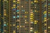 Residential apartment building at night, Hong Kong