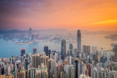 Skyscrapers in central Hong Kong seen from Victoria Peak at sunrise