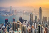 Skyscrapers in central Hong Kong seen from Victoria Peak at sunrise