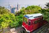 The Peak Tramway arriving at Peak Tower Station, Victoria Peak, Hong Kong