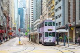 Doube-decker tram on Des Voeux Road in Central Hong Kong