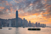 Hong Kong skyline, skyscrapers on Hong Kong Island skyline at sunset