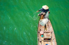 Vietnamese man fishing on the Thu Bon River, Quang Nam Province, Vietnam