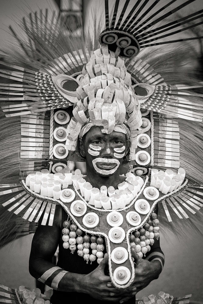 Kalibo, Philippines, 17 January, 2015. A participant in the Ati-atihan parade wearing a hand-made-made costume made from natural and salvaged materials. Ati-Atihan festival in honor of Santo Niño takes place yearly in Kalibo, Aklan, Western Visayas, Philippines.