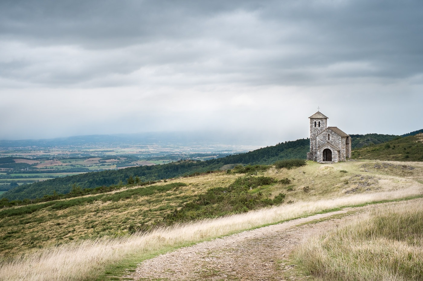 An overcast gray sky over the Chapelle de Saint-Ferréol.