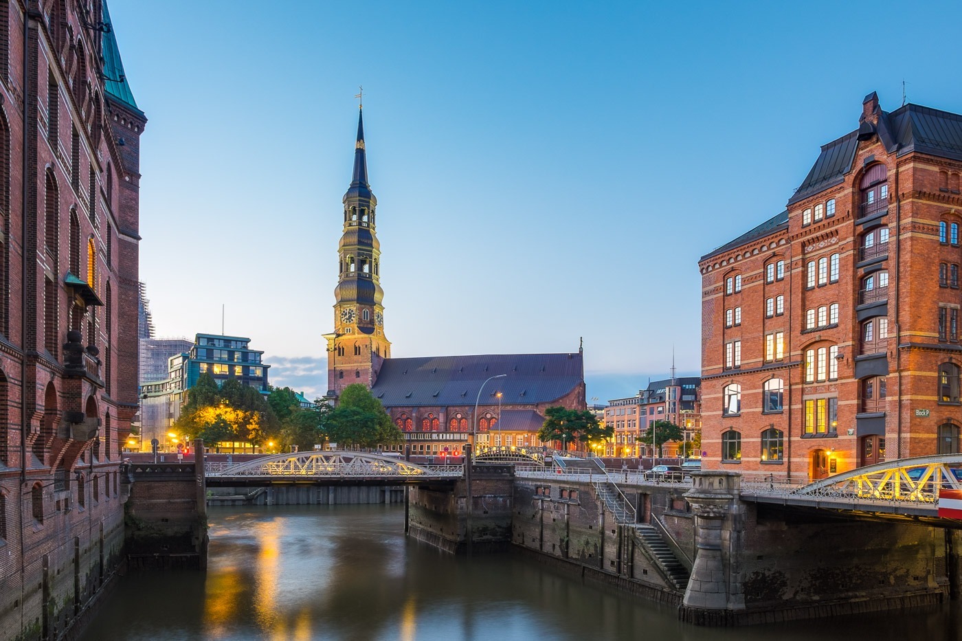 View of Hauptkirche Sankt Katharinen (St. Catherine’s Church) from Speicherstadt, Hamburg