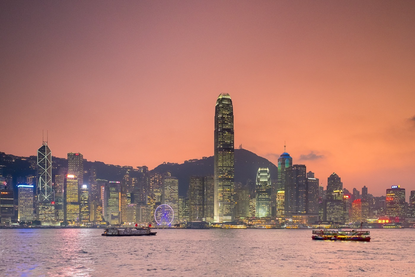 Hong Kong skyline, skyscrapers on Hong Kong Island at sunset, Hong Kong