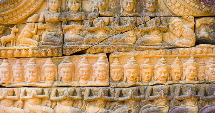 Stone carvings at Banteay Chhmar, Ankorian-era temple ruins, Banteay Meanchey Province, Cambodia